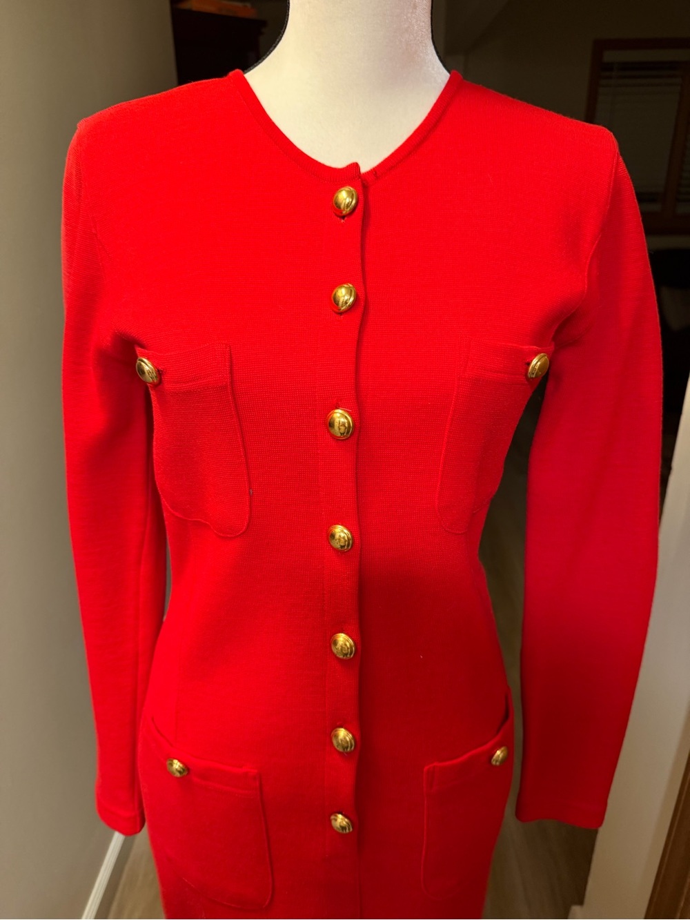 Red Wool Gold Button Dress Old Money Chanel Style NWOT Size 6 - Picture 5 of 9
